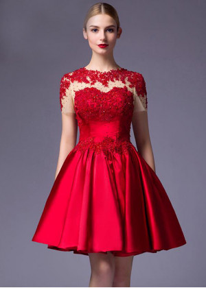 Short Sleeves Beaded Red Lace Satin Vintage Evening Dress